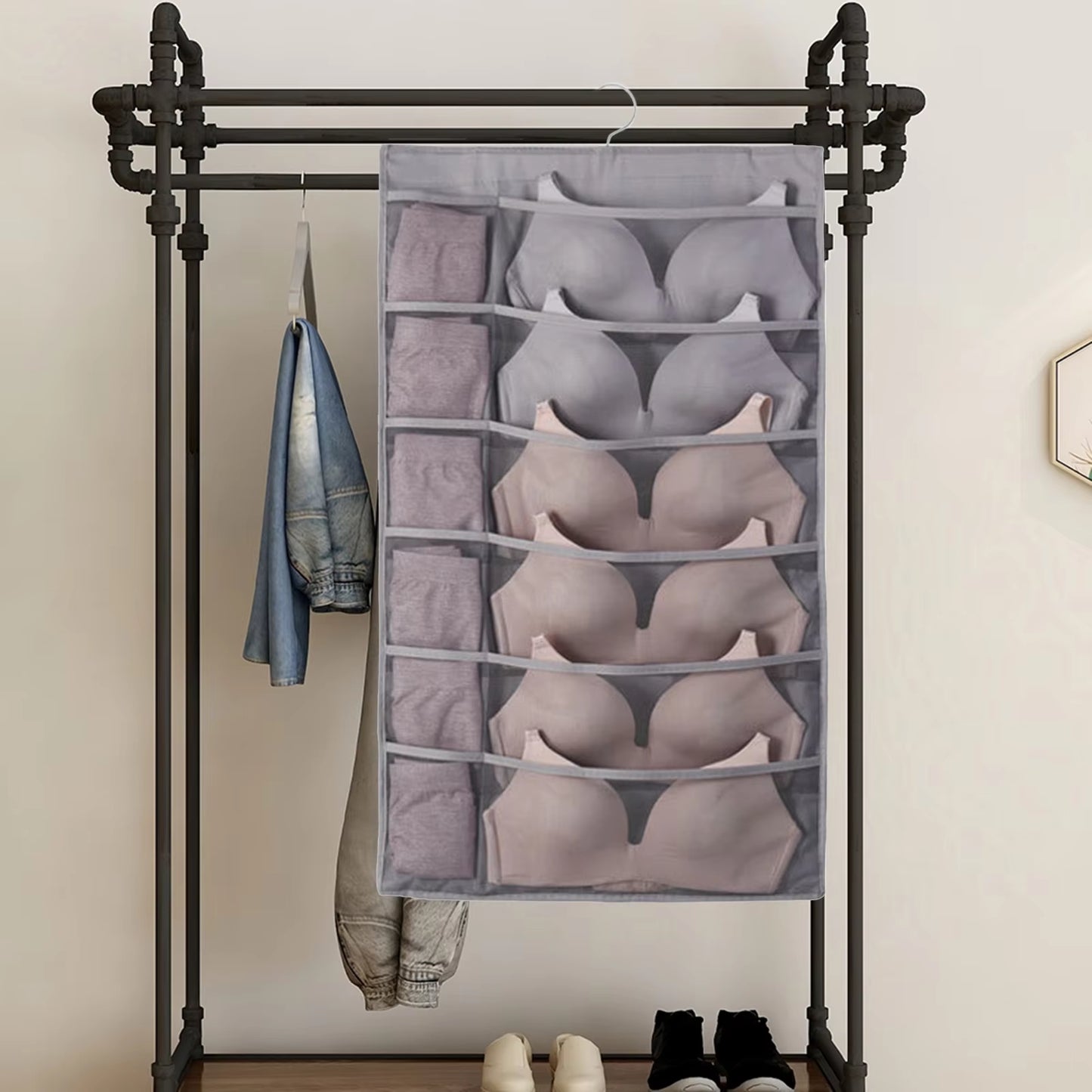 Dual Sided Wall Shelf Wardrobe Storage Bags W/36 Pockets Fabric Closet Underwear Hanging Organizer Bag W/ Rotating Metal Hanger