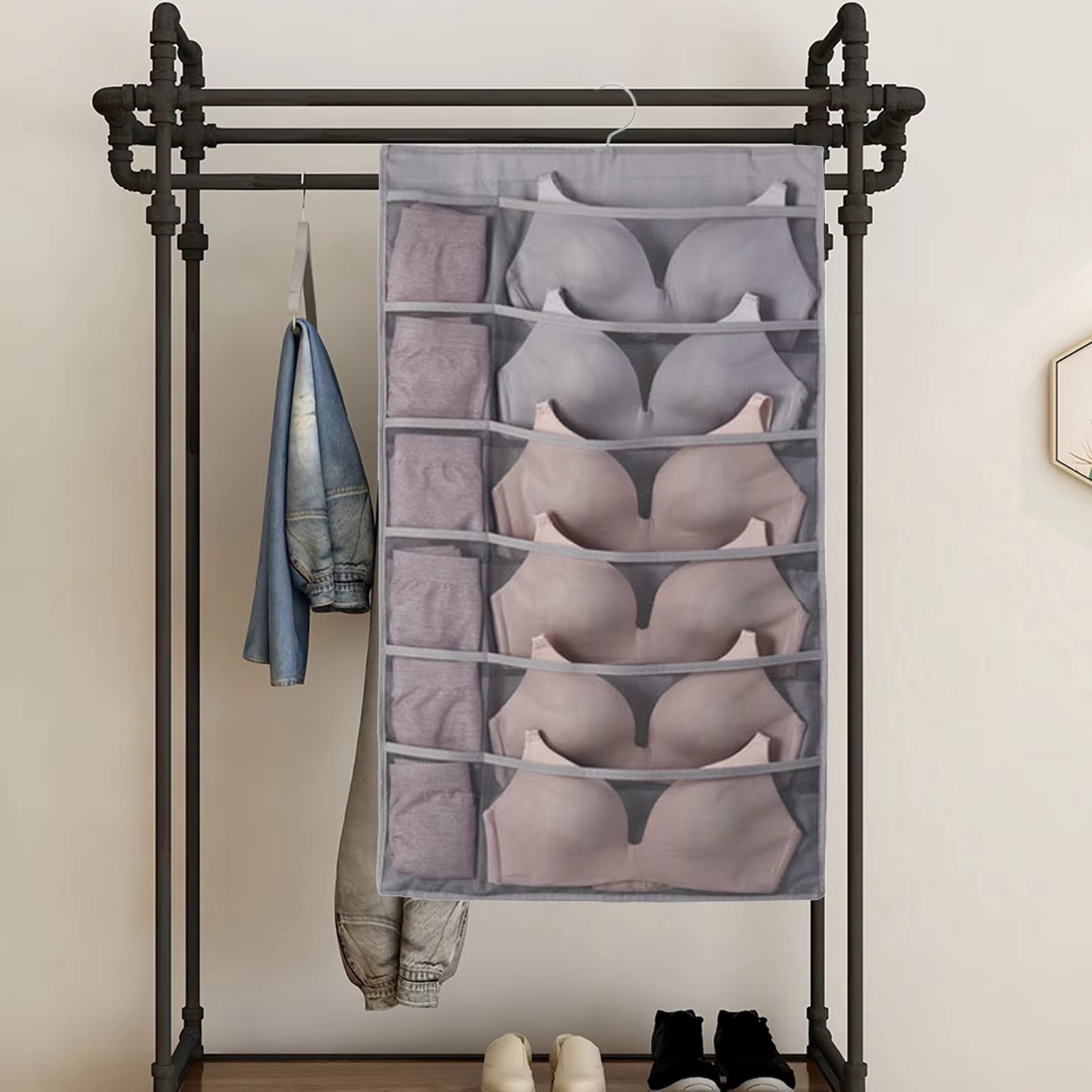 Dual Sided Wall Shelf Wardrobe Storage Bags W/36 Pockets Fabric Closet Underwear Hanging Organizer Bag W/ Rotating Metal Hanger