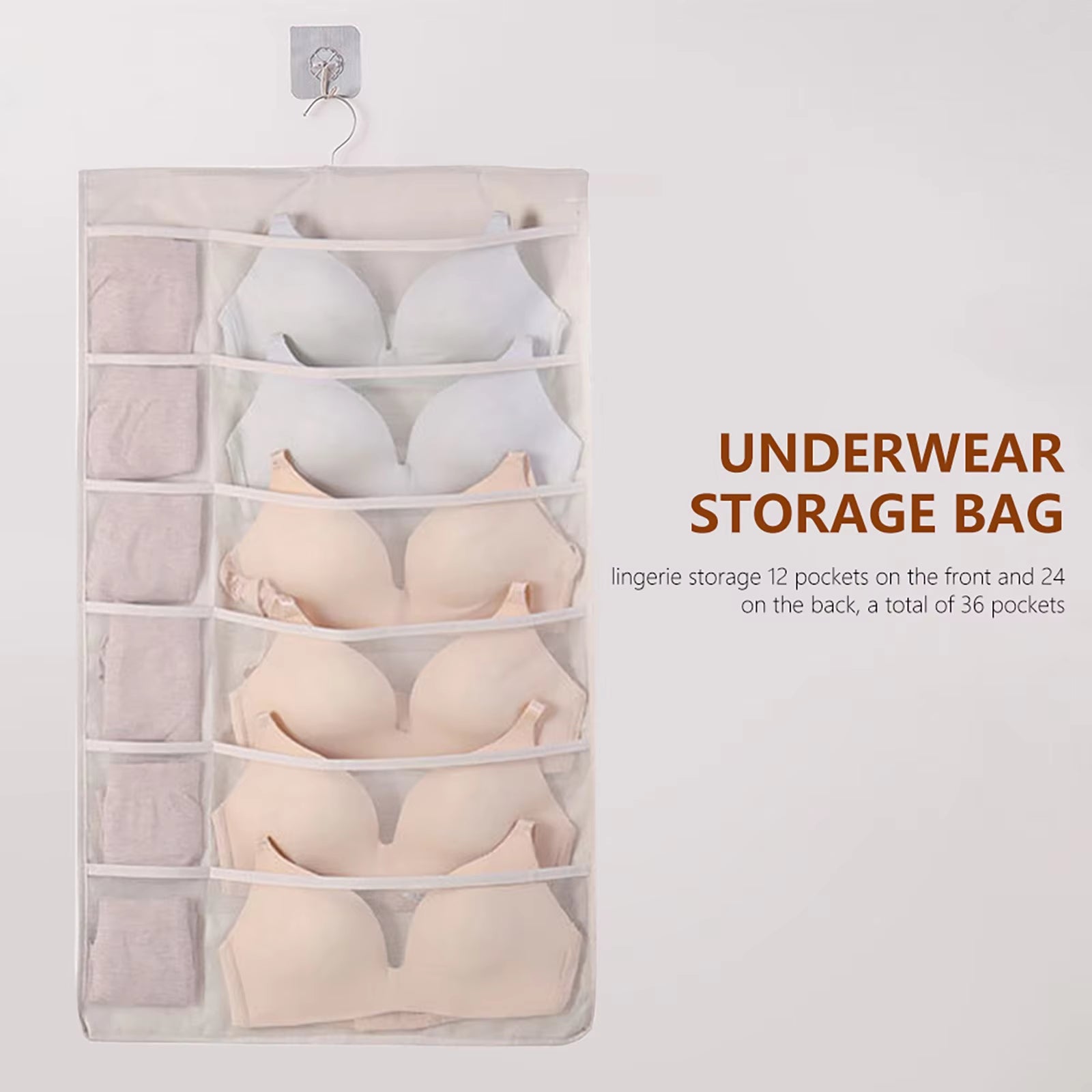 Dual Sided Wall Shelf Wardrobe Storage Bags W/36 Pockets Fabric Closet Underwear Hanging Organizer Bag W/ Rotating Metal Hanger