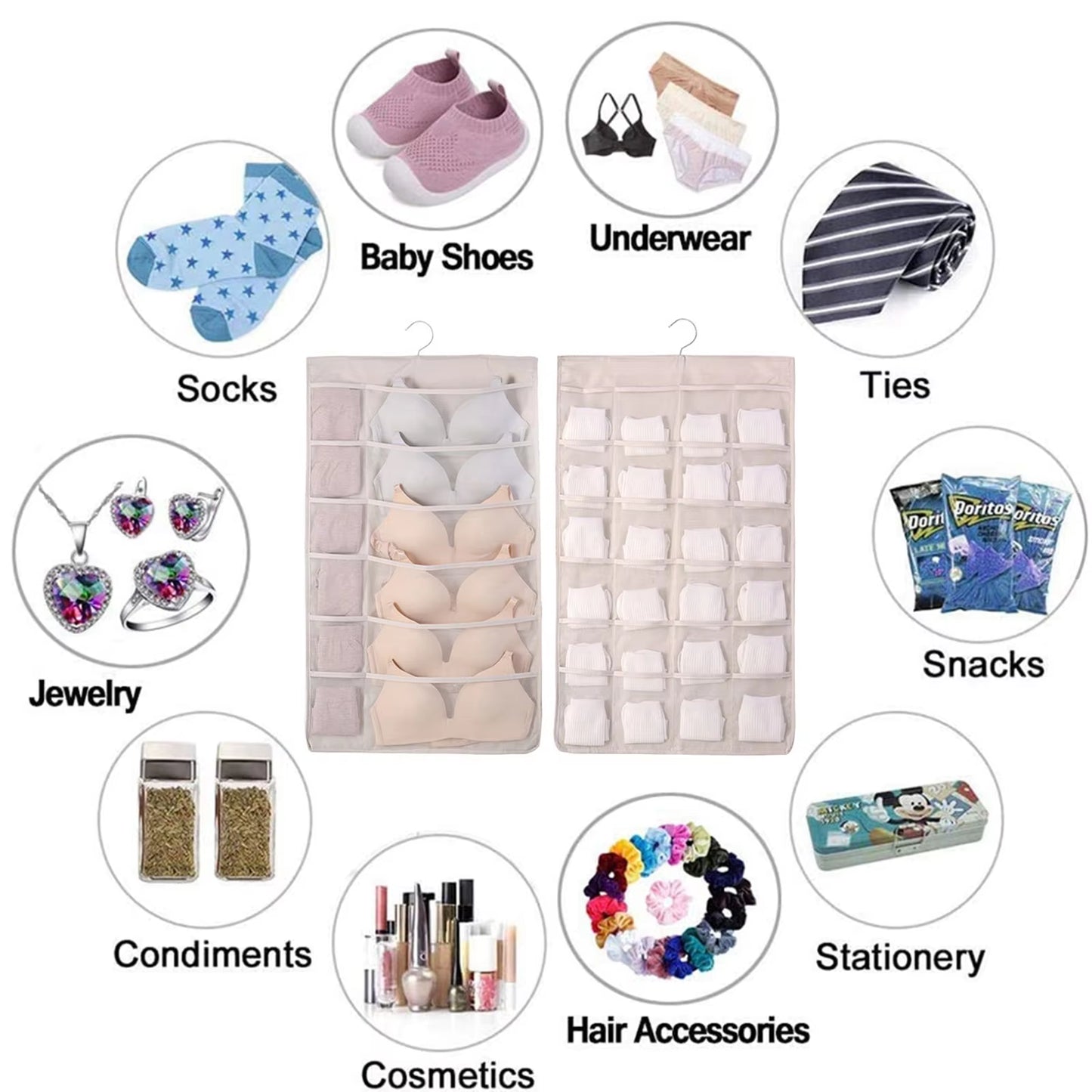 Dual Sided Wall Shelf Wardrobe Storage Bags W/36 Pockets Fabric Closet Underwear Hanging Organizer Bag W/ Rotating Metal Hanger